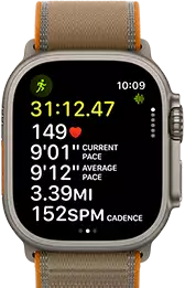 Apple Watch Ultra 4, titanium case, natural color, advanced Outdoor Run workout metrics, right side exterior, Digital Crown, raised side button, Trail Loop band, sand color
