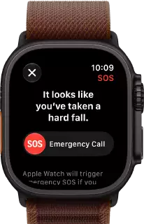 Apple Watch Ultra 4, titanium case, black color, satellite connection, right side exterior, Digital Crown, raised side button, Alpine Loop band, burgundy color
