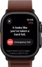 Apple Watch Ultra 4, titanium case, black color, satellite connection, right side exterior, Digital Crown, raised side button, Alpine Loop band, burgundy color