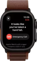 Apple Watch Ultra 4, titanium case, black color, satellite connection, right side exterior, Digital Crown, raised side button, Alpine Loop band, burgundy color