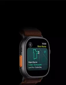 Apple Watch Ultra 4, titanium case, black color, Race Route feature with a map of a running route, left side exterior, Action button, Alpine Loop band, burgundy color