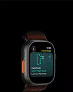 Apple Watch Ultra 4, titanium case, black color, Race Route feature with a map of a running route, left side exterior, Action button, Alpine Loop band, burgundy color