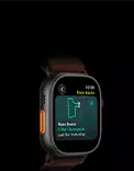 Apple Watch Ultra 4, titanium case, black color, Race Route feature with a map of a running route, left side exterior, Action button, Alpine Loop band, burgundy color