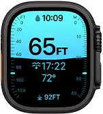 Apple Watch Ultra 4, titanium case, black color, Depth app showing diving metrics, right side exterior, Digital Crown, raised side button