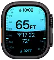 Apple Watch Ultra 4, titanium case, black color, Depth app showing diving metrics, right side exterior, Digital Crown, raised side button