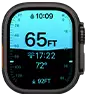 Apple Watch Ultra 4, titanium case, black color, Depth app showing diving metrics, right side exterior, Digital Crown, raised side button