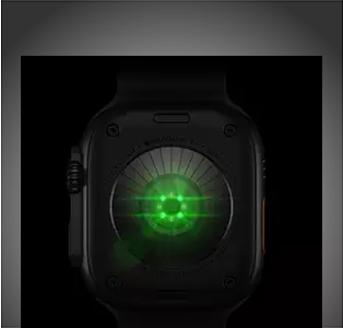 Back of Apple Watch Ultra 4, titanium case, black color, multiple round sensors with glowing green LED lights