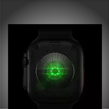 Back of Apple Watch Ultra 4, titanium case, black color, multiple round sensors with glowing green LED lights