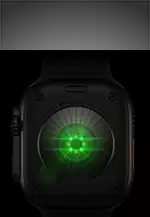 Back of Apple Watch Ultra 4, titanium case, black color, multiple round sensors with glowing green LED lights