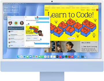 iMac, front exterior, blue color, displaying Messages app and a 'Learn to Code' website