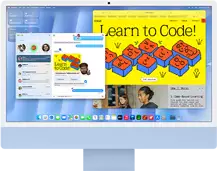 iMac, front exterior, blue color, displaying Messages app and a 'Learn to Code' website