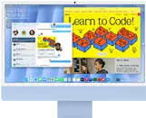 iMac, front exterior, blue color, displaying Messages app and a 'Learn to Code' website