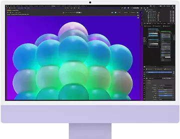 iMac, front exterior, purple color, displaying a colorful bubble structure in an image editing app