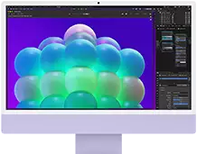 iMac, front exterior, purple color, displaying a colorful bubble structure in an image editing app