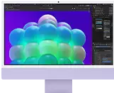 iMac, front exterior, purple color, displaying a colorful bubble structure in an image editing app