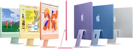 Seven iMac models in colors green, yellow, orange, pink, purple, blue, and silver, in an accordion arrangement