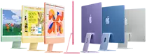 Seven iMac models in colors green, yellow, orange, pink, purple, blue, and silver, in an accordion arrangement