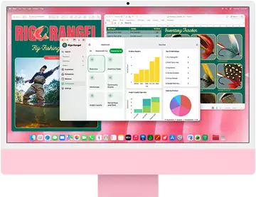 iMac, front exterior, pink color, screen displaying multiple open apps