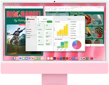 iMac, front exterior, pink color, screen displaying multiple open apps