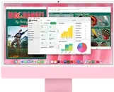 iMac, front exterior, pink color, screen displaying multiple open apps