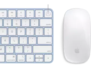 Close-up of color-matching Magic Keyboard and Magic Mouse, with Touch ID fingerprint in focus