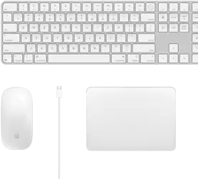 Desktop-view of Magic Mouse, USB-C cable, Magic Trackpad, and numeric Magic Keyboard accessories