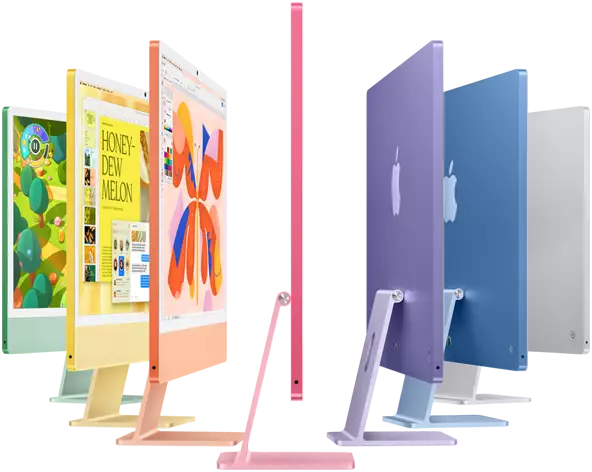 iMac Brilliant. View of iMacs in green, yellow, orange, pink, purple, blue, and silver colors