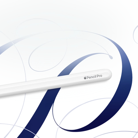 Apple Pencil Pro, white, shown on a white background with blue swirls
