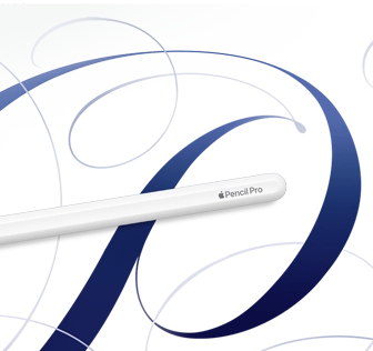 Apple Pencil Pro, white, shown on a white background with blue swirls