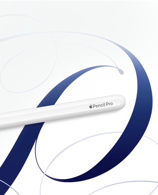 Apple Pencil Pro, white, shown on a white background with blue swirls