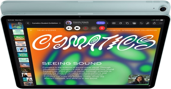 iPad Air, Blue color, top exterior, screen showing Keynote app on screen sharing feature during FaceTime video call, back exterior, 12MP Wide back camera, volume-up button, volume-down button