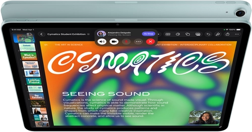 iPad Air, Blue color, top exterior, screen showing Keynote app on screen sharing feature during FaceTime video call, back exterior, 12MP Wide back camera, volume-up button, volume-down button