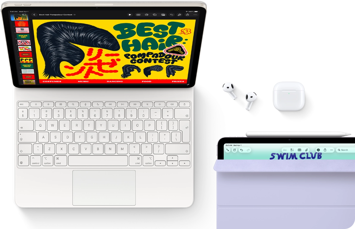 iPad Air, Starlight color, colorful graphics on screen, attached to Magic Keyboard, Airpods Pro and Apple Pencil Pro accessories