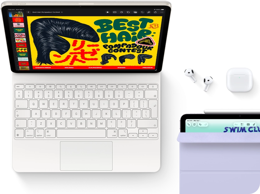 iPad Air, Starlight color, colorful graphics on screen, attached to Magic Keyboard, Airpods Pro and Apple Pencil Pro accessories