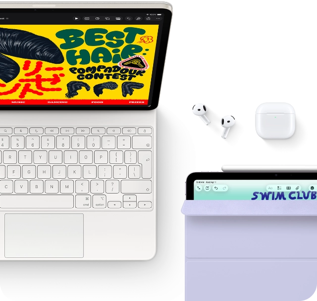 iPad Air, Starlight color, colorful graphics on screen, attached to Magic Keyboard, Airpods Pro and Apple Pencil Pro accessories