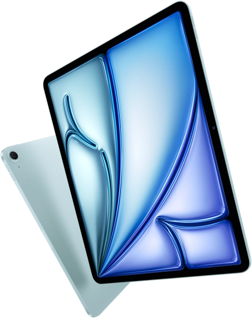 Front angle of 13-inch iPad Air, colorful display on screen, 11-inch iPad Air with back exterior and 12MP Wide back camera