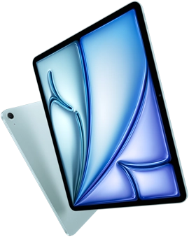Front angle of 13-inch iPad Air, colorful display on screen, 11-inch iPad Air with back exterior and 12MP Wide back camera