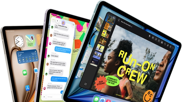 Three iPad Air displays in fan-like arrangement, colors: Blue, Purple, Starlight, front exterior, side exterior, apps on screen display include Keynote app, Messages, and Home Screen