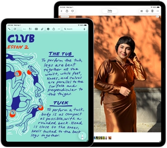 Two iPad Air, sizes: 11-inch and 13-inch, 11-inch shows colorful text on the Notes app, 13-inch screen shows a photo of a person on the Photos app
