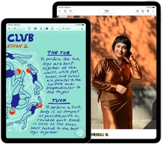 Two iPad Air, sizes: 11-inch and 13-inch, 11-inch shows colorful text on the Notes app, 13-inch screen shows a photo of a person on the Photos app
