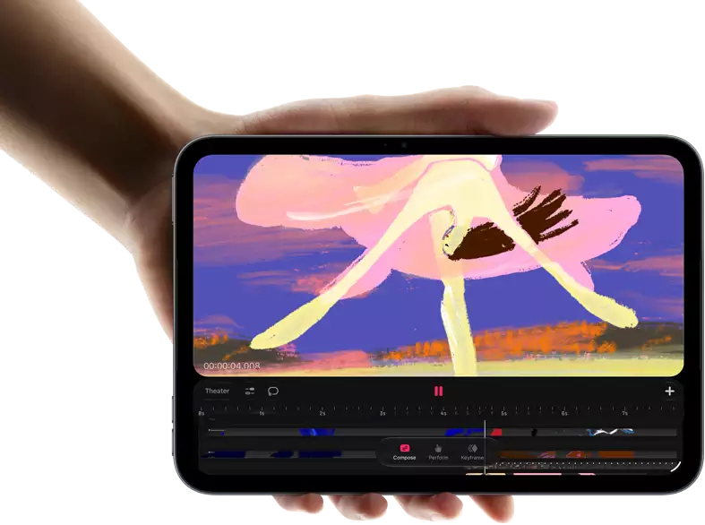 iPad mini, displayed in hand, front view, showing video editing interface with colorful clips, A20 Pro chip mentioned below