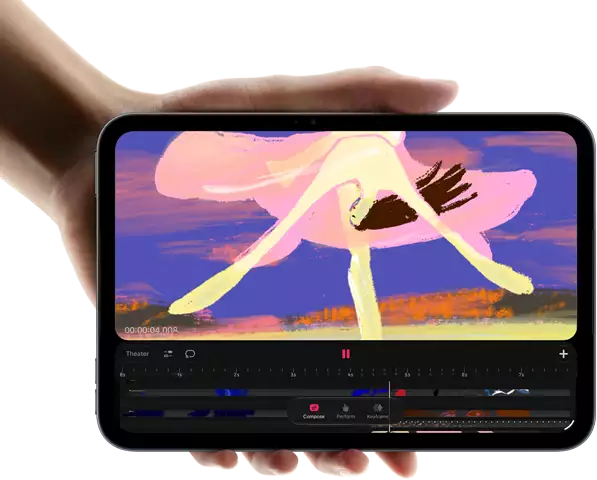 iPad mini, displayed in hand, front view, showing video editing interface with colorful clips, A20 Pro chip mentioned below