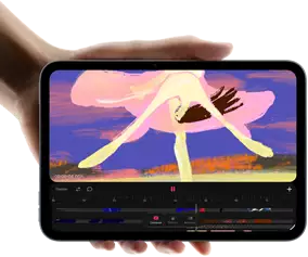 iPad mini, displayed in hand, front view, showing video editing interface with colorful clips, A20 Pro chip mentioned below