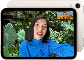 iPad mini, front view, displaying a Landscape 12MP Center Stage front camera interface, showing a person video calling amidst green foliage