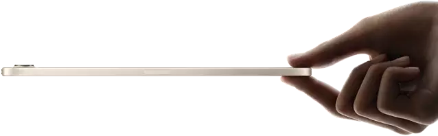 iPad mini, held in hand, side view, thin and lightweight design