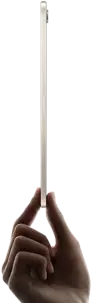 iPad mini, held in hand, side view, thin and lightweight design