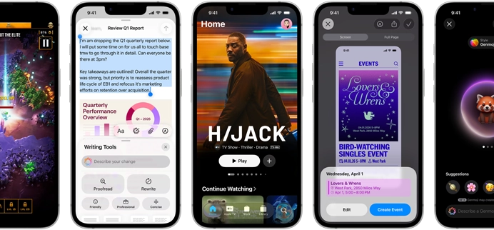 Side-by-side iPhone 17e devices showing different screens: a game being played, Writing Tools, Apple TV app, a calendar event being created, a Genmoji being created