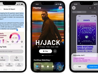 Side-by-side iPhone 17e devices showing different screens: a game being played, Writing Tools, Apple TV app, a calendar event being created, a Genmoji being created