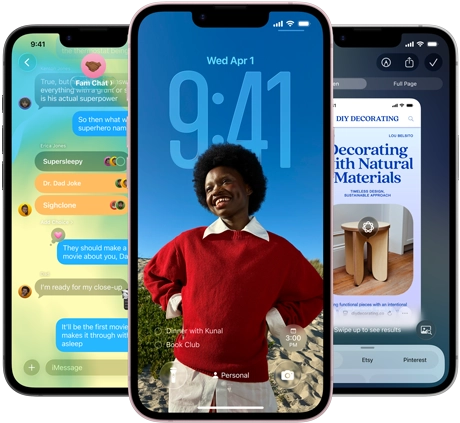 Three iPhone 17e devices, showing Messages app with Liquid Glass design, dynamic Lock Screen, and Apple Intelligence in use