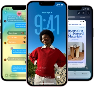 Three iPhone 17e devices, showing Messages app with Liquid Glass design, dynamic Lock Screen, and Apple Intelligence in use
